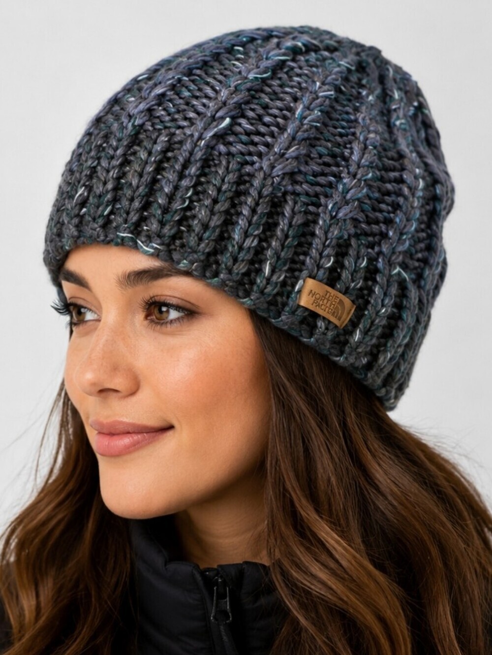 THE NORTH FACE Chunky Knit Charcoal Teal Ski Beanie Hat